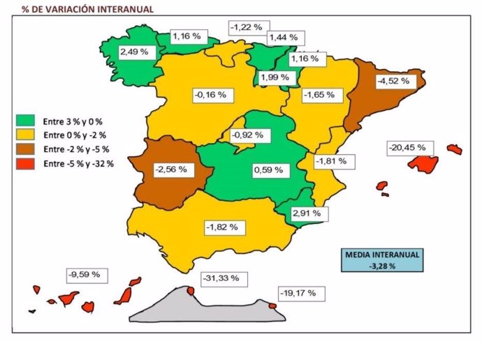 Mapa de España con la comparativa anual de afiliación extranjera a la Seguridad Social.