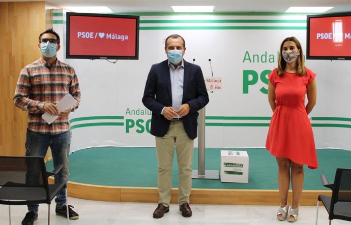 El secretario geenral del PSOE de Málaga, José Luis Ruiz Espejo, la parlamentaria andaluza Beatriz Rubiño y el secretario de Educación del PSOE malagueño, Marcos Ruiz, en rueda de prensa