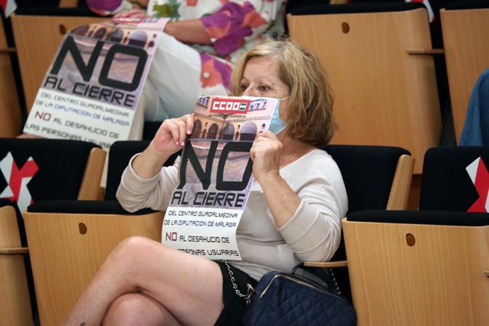 Familiares de usuarios del Centro Guadalmedina y sindicatos presentes en el pleno de la Diputación de Málaga
