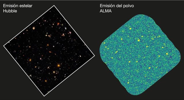 Comparación entre la imagen del Hubble (óptica e infrarrojo cercano) y la huella ASPECS del H-UDF, que se muestra a la derecha