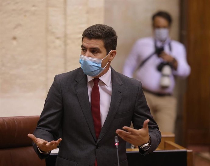 El portavoz de Ciudadanos (Cs) en el Parlamento andaluz, Sergio Romero, en el Pleno de la Cámara este jueves.