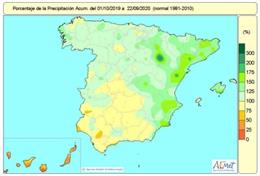 Mapa de lluvias acumuladas en España desde el 1 de octubre de 2019 hasta el 23 de septiembre de 2020.