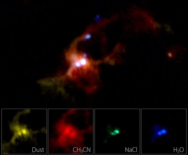 Imagen compuesta de ALMA de una protoestrella masiva binaria IRAS 16547-4247.