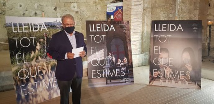 Pla americ del tinent d'alcalde de la Paeria, Paco Cerd, durant la presentació de la nova campanya de promoció de Lleida, el 25 de setembre del 2020 al Castell dels Templers de Gardeny. (Horitzontal)