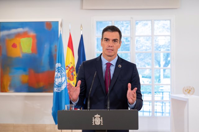 El presidente del Gobierno, Pedro Sánchez, durante su intervención ante la Asamblea General de Naciones Unidas. En Madrid, (España), a 25 de septiembre de 2020.