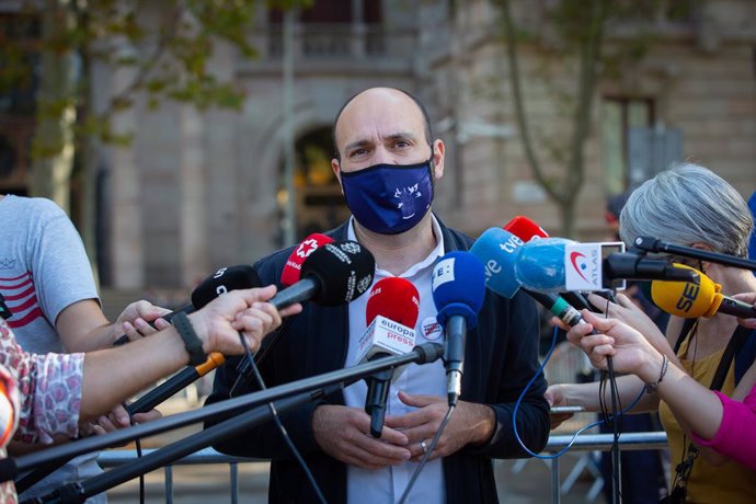 El vicepresident d'mnium Cultural, Marcel Mauri, ofereix declaracions als mitjans de comunicació a l'arribada del president de la Generalitat, Quim Torra al Tribunal Superior de Justícia de Catalunya ?TSJC-, a Barcelona, Catalunya (Espanya).