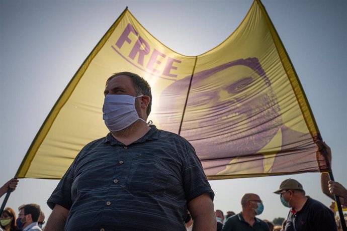 El líder de ERC, Oriol Junqueras, en una comparecencia con los otros presos del 1-O antes de su nuevo ingreso en prisión 