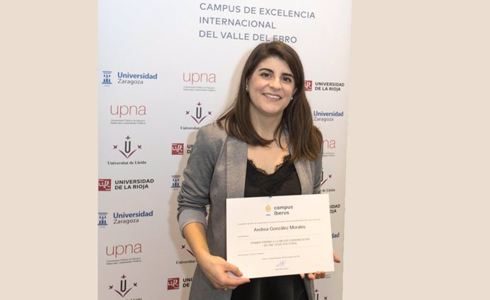 La tudelana Andrea González Morales, doctora en Ciencias de la Salud por la Universidad Pública de Navarra (UPNA), ganadora de la edición 2019 del concurso 'Tesis en 3 minutos'.