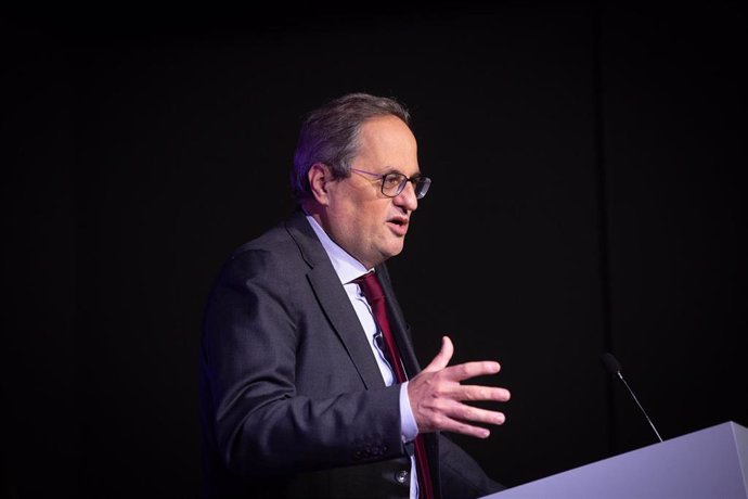 El presidente de la Generalitat, Quim Torra, durante su intervención en la presentación del 'Informe BioRegió 2020'