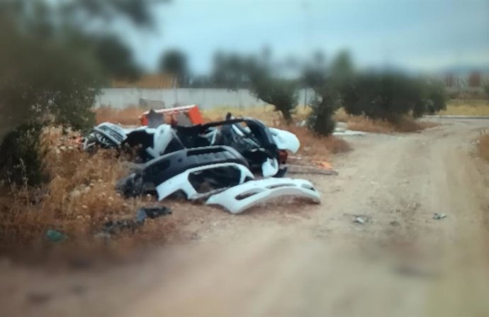 Elementos de carrocería vertidos en un olivar cercano al polígono de Los Olivares.