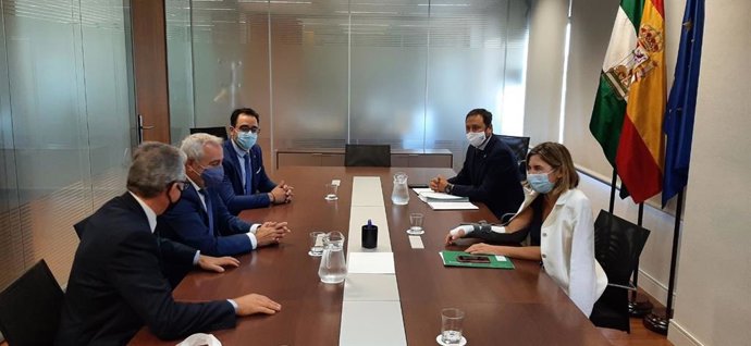 La consejera de Empleo, Formación y Trabajo Autónomo, Rocío Blanco, junto al secretario general de Ordenación de la Formación, Francisco Javier Loscertales, con representantes de las principales organizaciones de empresas del sector de la formación.