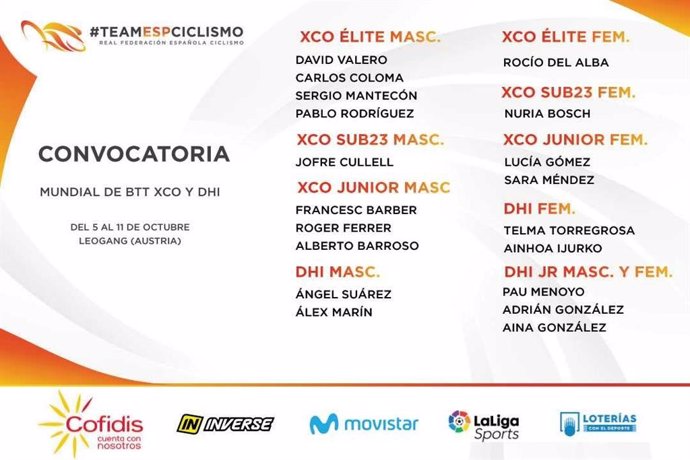 Convocatoria de la selección española para el Mundial de ciclista de BTT, XCO y DHI de Austria