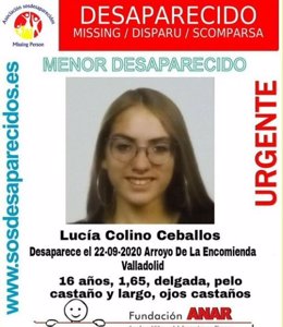Cartel difundido para la búsqueda de la joven desaparecida en Arroyo de la Encomienda.