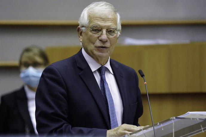 Josep Borrell en su comparecencia en el Parlamento europeo, en Bruselas