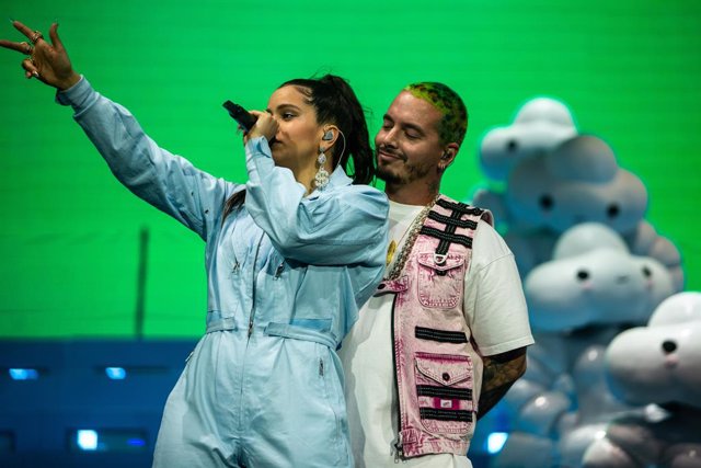 April 21, 2019 - Indio, California, United States: Rosalia and J Balvin perform on stage during Weekend 2 of the Coachella Valley Music 