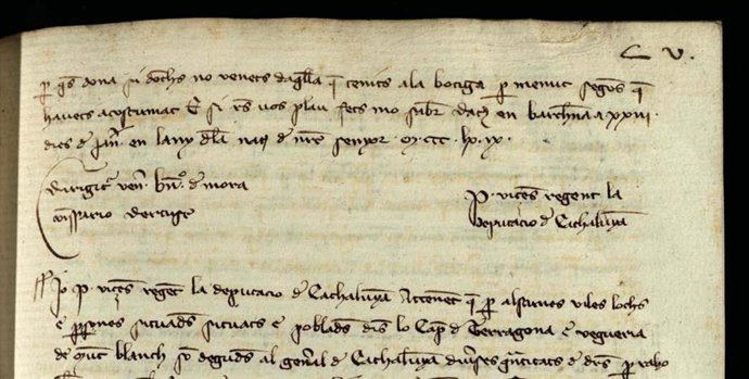Signatura de Pere Vicen (a dalt, a la dreta), com "Pere Vicen regenti la Deputació de Cathalunya", segons es llegeix en un document de l'Arxiu de la Corona d'Aragó.