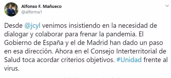 Tuit del presidente de la Junta, Alfonso Fernández Mañueco.