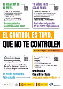 Cartel de la campaña 'El control es tuyo, que no te controlen', de la Agencia Española de Protección de Datos, los Ministerios de Educación y FP y de Igualdad y PantallasAmigas