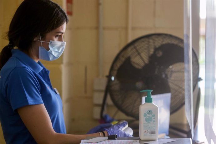 Una trabajadora se protege con mascarilla y gel desinfectante 