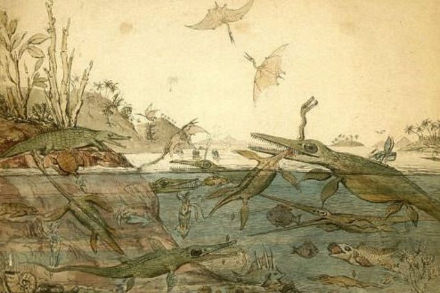 Acuarela De Un Ecosistema Marino Mesozoico Del Geólogo Henry De La Beche, Pintada En 1830.
