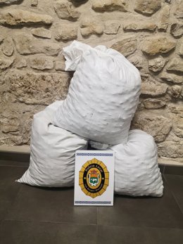 Pla mitj on es poden veure els sacs d'ametlles furtades a les Borges Blanques, el 30 de setembre de 2020. (Vertical)