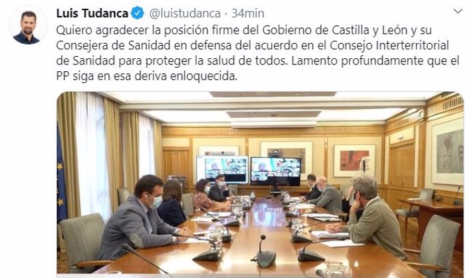 Tuit del secretario general del PSCyL, Luis Tudanca, sobre el Consejo Interterritorial de Snidad.