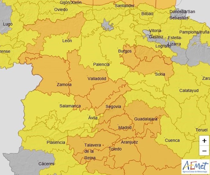 Mapa del aviso Naranja y Amarillo en CyL por fuertes vientos.