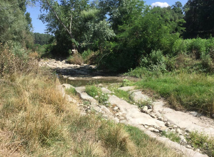 Llera de roca del bra secundari del Ter a l'illa de les Gambires. Imatge publicada l'q d'octubre del 2020. (Horitzontal)