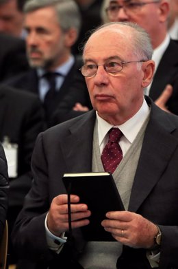 El expresidente de Bankia Rodrigo Rato durante la primera sesión del juicio por la salida a Bolsa de la entidad en 2011 que se celebra en la Audiencia Nacional de San Fernando de Henares (Madrid)   