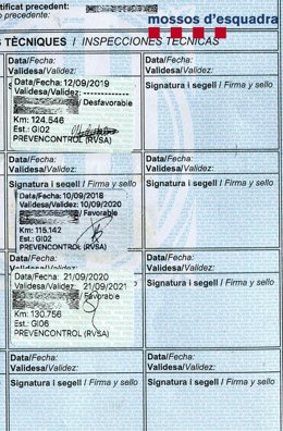 La fitxa tcnica falsificada amb la qual el conductor pretenia fer creure que el seu cotxe tenia la ITV vigent quan, en realitat, feia un any que no l'havia passada. Imatge cedida l'1 d'octubre del 2020 (Vertical)