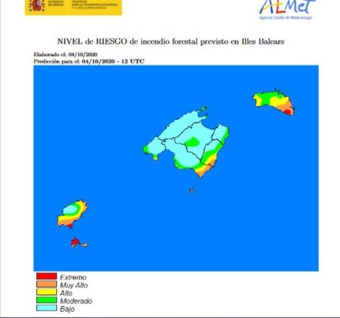 Mapa del índice del riesgo de incendios este domingo en Baleares.