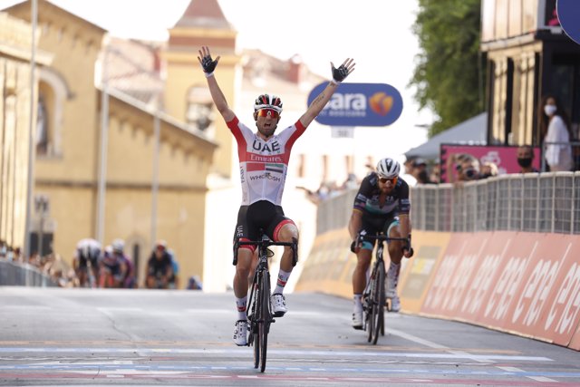 04 October 2020, Italy, Agrigento: Italian cyclist Diego Ulissi of UAE Team Emirates celebrates as he crosses the finish line to win the second stage of the Giro d'Italia 2020 cycling race, 149 km from Alcamo to Agrigento. Photo: Yuzuru Sunada/BELGA/dpa