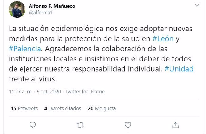 Tuit publicado por Alfonso Fernández Mañueco sobre las restricciones a la movilidad en León y Palencia.