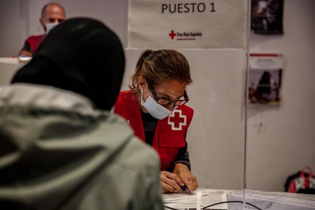 Trabajadores atienden en su mesa de trabajo en la sede de Cruz Roja Española en San Sebastián de los Reyes, dentro del marco del Plan Responde de Cruz Roja Española. Madrid (España), a 2 de octubre de 2020. 