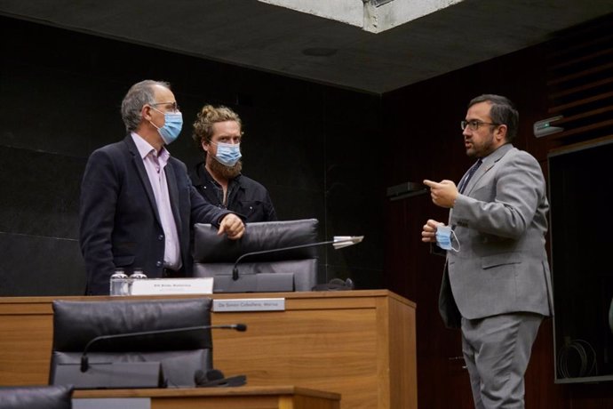 De i-d, el parlamentario de EH Bildu Adolfo Araiz, el parlamentario de EH Bildu Maiorga Ramírez y el vicepresidente primero del Gobierno de Navarra Javier Remírez, en el pleno del Parlamento de Navarra el 18 de junio de 2020.