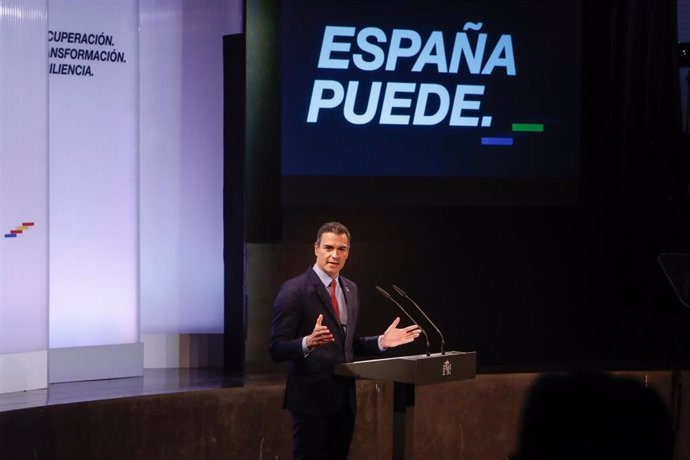 El presidente del Gobierno, Pedro Sánchez, ofrece una conferencia bajo el título 'España puede. Recuperación, Transformación, Resiliencia' en la Casa de América, en Madrid (España) a 31 de agosto de 2020.