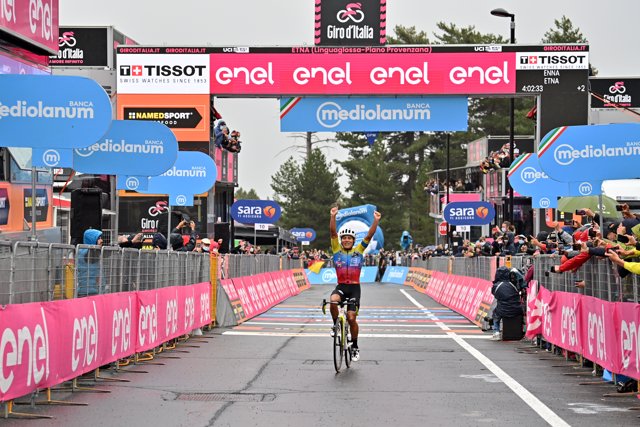 Ecuadorian cyclist Jonathan Caicedo of team EF Pro Cycling celebrates while crossing the finish line to win the third stage of the Giro d'Italia 2020 cycling race, 150 km from Enna to Etna. Photo: Massimo Paolone/LaPresse via ZUMA Press/dpa