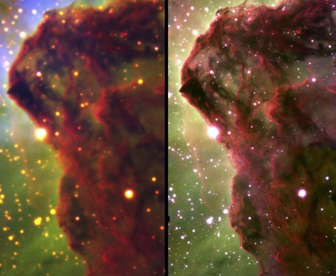 Comparativa de imágenes parciales de la Nebulosa Carina de 2015 y 2018 desde el telescopio Gemini South. La de la derecha,  la más reciente, incluye la corrección de la distorsión que produce la atmósfera terrestre.