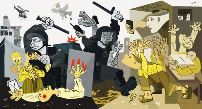 L'obra que es va installar l'1-O a Moi inspirada en el Guernica. Imatge de l' 1d'octubre del 2020. (Horitzontal)