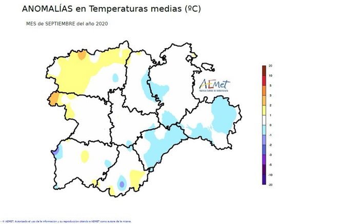 Mapa elaborado por la Aemet sobre las anomalías de temperaturas en septiembre de 2020
