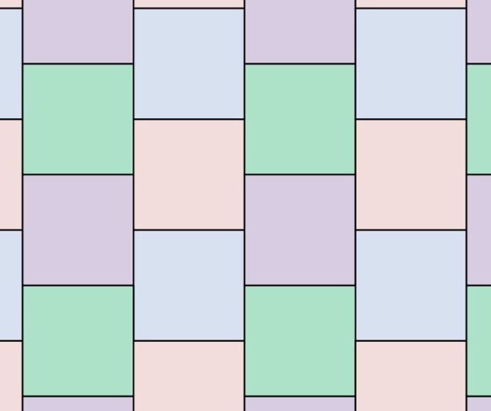 En este mosaico del plano por cuadrados congruentes, los cuadrados verde y violeta se encuentran de borde a borde al igual que los cuadrados azul y naranja.