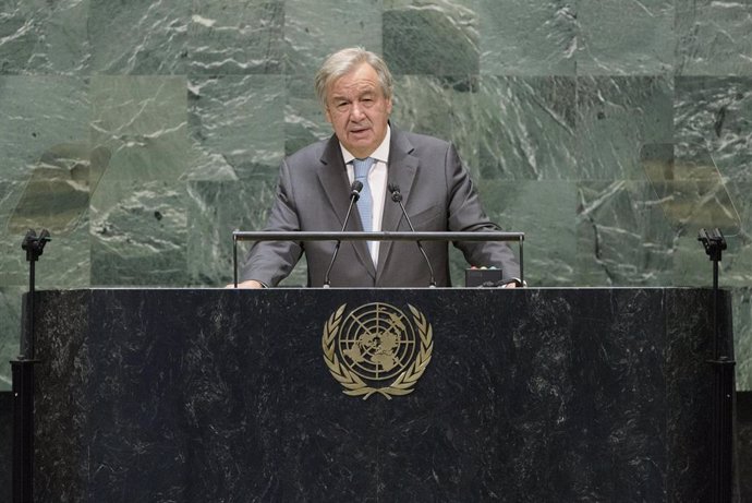 HANDOUT - 21 September 2020, US, New York: UN Secretary-General Antonio Guterres delivers remarks to the high-level meeting of the General Assembly to commemorate the 75th anniversary of the United Nations. Photo: Manuel Elias/UN Photo/dpa - ATTENTION: 