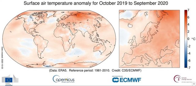 Anomalía de temperatura  en superficie desde octubre de 2019 a septiembre de 2020