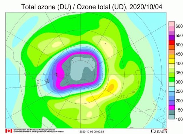Agujero de ozono en la Antártida en octubre de 2020