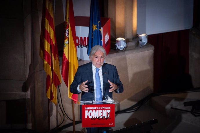 El presidente de Foment del Treball Josep Sánchez Llibre, interviene en el Foro empresarial 'Mirando a Europa'. En Barcelona, Catalunya, (España), a 18 de septiembre de 2020.