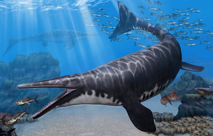 Representación artística de Gavialimimus almaghribensis, una especie de mosasaurio recién descubierta que gobernó los mares de lo que hoy es Marruecos hace entre 72 y 66 millones de años.