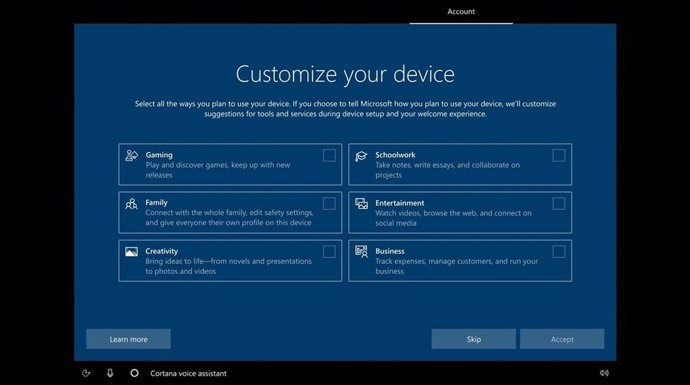 Pantalla de configuración de Windows 10 para elegir para qué se utilizará el PC