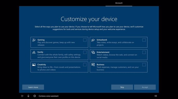 Microsoft prueba una pantalla de configuración de Windows 10 que permite elegir 