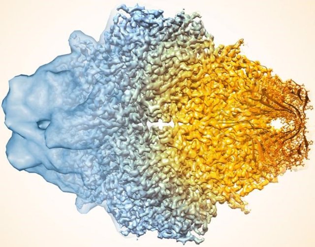 Una imagen compuesta de la enzima lactasa que muestra cómo la resolución de la crio-EM ha mejorado drásticamente en los últimos años. Imágenes más antiguas a la izquierda, más recientes a la derecha.