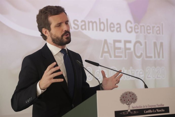 El presidente del PP, Pablo Casado, en una intervención en Toledo